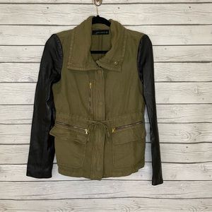 Zara Olive Utility Jacket with Black Leather Sleeves Women's Small